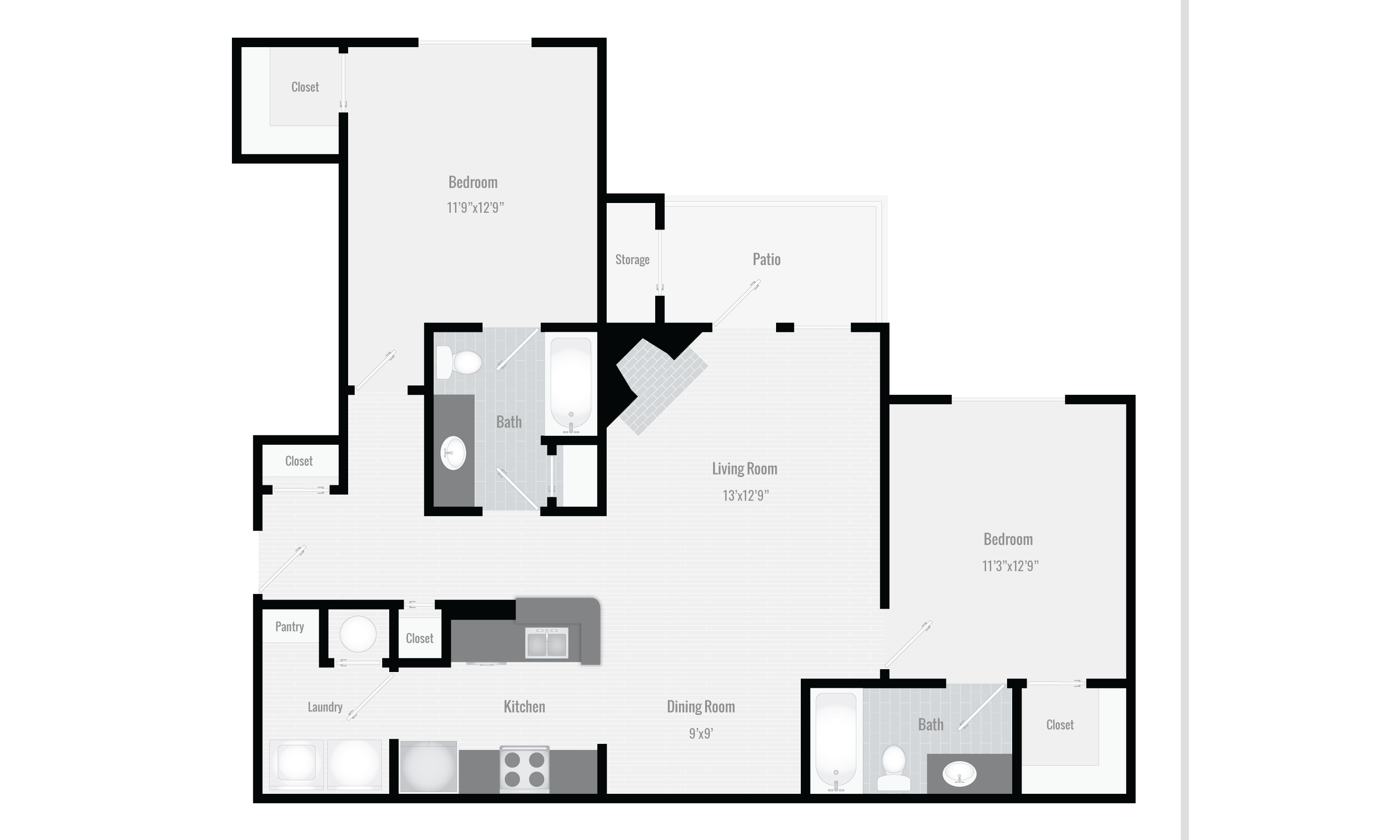 Floor plan for 2 beds, 2 baths, 1105 sqft